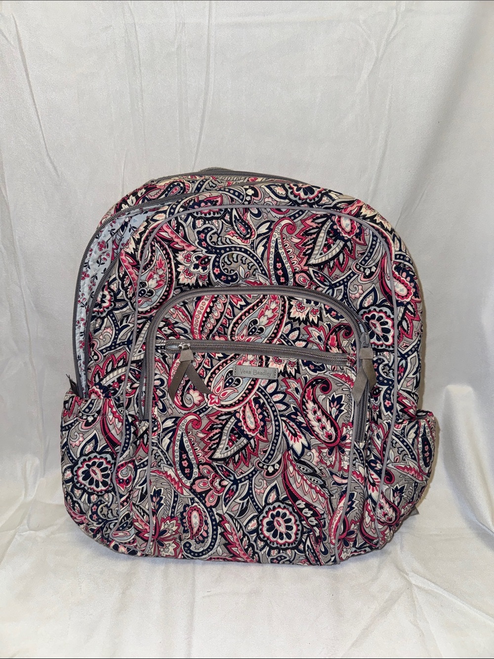 Vera Bradley Patterned Paisley Quilted Backpack in Grey, Pink, Navy & Cream